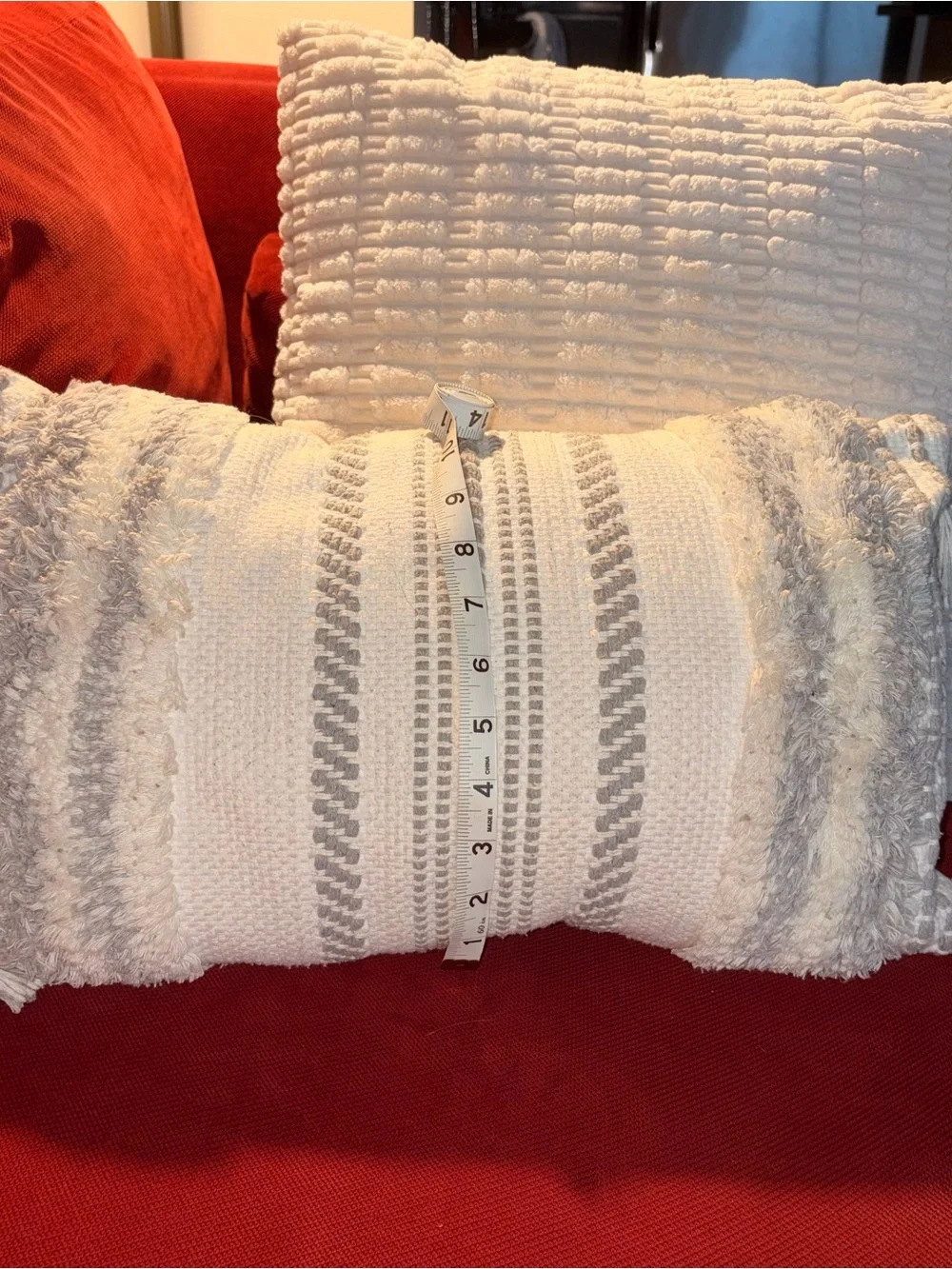 Textured Ivory Toss Pillow with Gray Stripe & Tassels